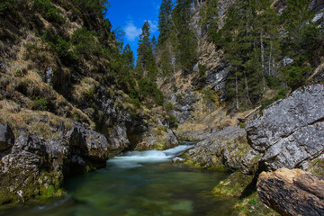 Wildwasser in der Klamm in den Bergen mit blauem Himmel und Wald