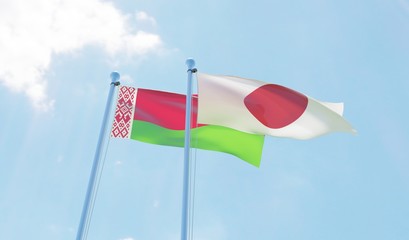 Belarus and Japan, two flags waving against blue sky. 3d image