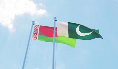 Belarus and Pakistan, two flags waving against blue sky. 3d image