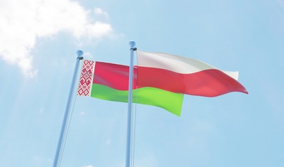 Belarus and Poland, two flags waving against blue sky. 3d image