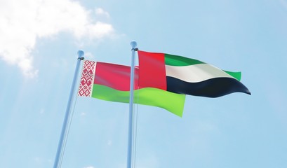 Belarus and UAE, two flags waving against blue sky. 3d image