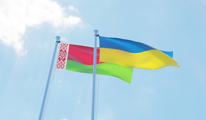Belarus and Ukraine, two flags waving against blue sky. 3d image