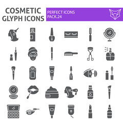 Cosmetic glyph icon set, makeup symbols collection, vector sketches, logo illustrations, beauty signs solid pictograms package isolated on white background.