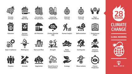 Climate change or global warming glyph icon set with world heat temperature, globe greenhouse effect, air pollution, earth co2 smoke problem, hot sun fire energy and environment save symbols.