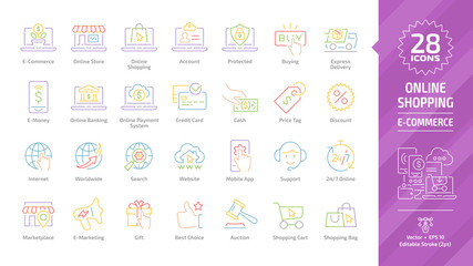 E-commerce, e-money and online shopping editable stroke outline color icon set with digital internet business, mobile sale, payment and banking service, express delivery, web shop and retail line sign