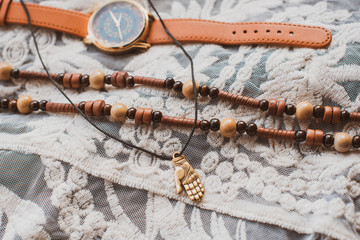 Boho chic style accessories. Fashionable set. Top view point. Natural ethno fashion 
