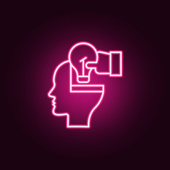 Brain, Hand, bulb neon icon. Elements of Creative thinking set. Simple icon for websites, web design, mobile app, info graphics