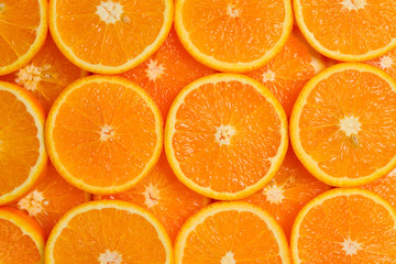 Slices of oranges as a background, top view.