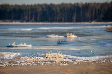 frozen sea beach in winter with low snow coverage