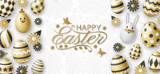 Cute Easter background with white bunny, chicken, eggs and flowers