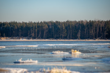 frozen sea beach in winter with low snow coverage