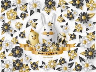 Cute Easter background with white bunny, chicken, eggs and flowers