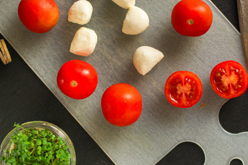 Mozzarella and tomato canapes salad - caprese. food background. top image