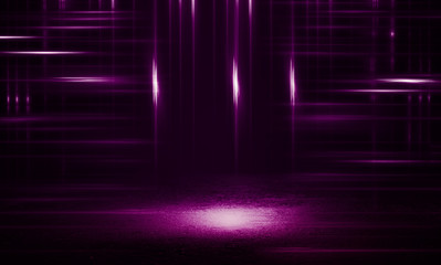 Empty background scene. Dark street, reflection of pink neon light on wet asphalt. Rays of light in the dark, smoke. Night view of the street, the city. Abstract dark purple background.