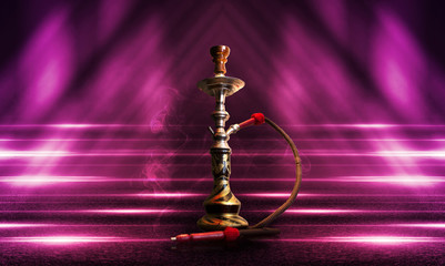 Hookah smoking on a dark burgundy abstract background. Background of empty scenes with neon lights, the reflection of night lights on wet pavement.