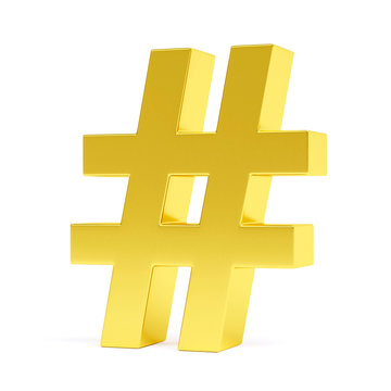 Golden hashtag symbol. 3d image