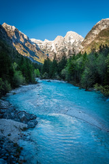 View from river Soca to mountains in Triglav National Park