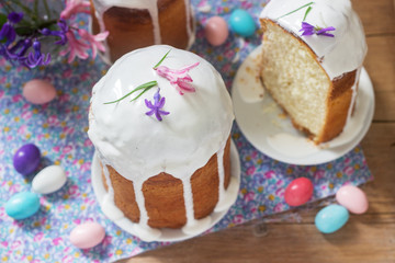 Traditional homemade Easter cake in the Easter decoration. Rustic style.