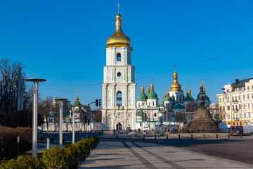 Fototapeta na wymiar Bell tower of Sophia of Kiev, which is a monument of Ukrainian architecture in the, Kiev, Ukraine