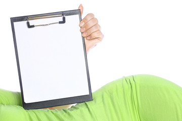 Happy pregnant girl lies on white background