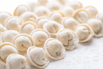 rows of frozen ravioli on a white background. Lots of Isolated Dumplings