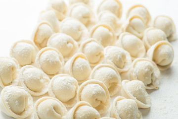  rows of frozen ravioli on a white background. Lots of Isolated Dumplings