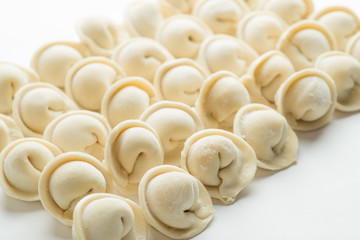  rows of frozen ravioli on a white background. Lots of Isolated Dumplings