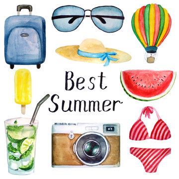 set of summer watercolor elements: suitcase, glasses, hat, balloon, swimsuit, camera, ice cream, mojito cocktail, best summer