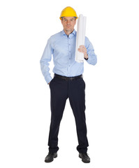 Full body portrait of architect holding blueprints. Isolated on white background.