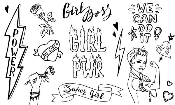 Girl Power Doodle Quotes And Illustrations. Grl Pwr Hand Drawn Set. Feminism Lettering. Womens Right. Girl Boss. Female Badges And Symbols. Vector Illustration