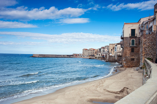 Cefalu. Ligurian Sea and old town-medieval sicilian city