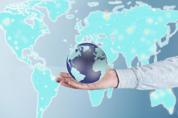 man hand globe with map