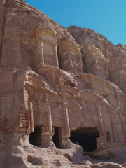 Petra; Raqmu - historic ruins of the ancient, rock city of the Nabatean Arabians. It is located in southwestern Jordan. It is also known as the rose-red city. UNESCO World Heritage list.