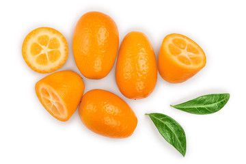 Cumquat or kumquat with half isolated on white background. Top view. Flat lay