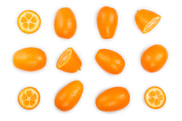 Cumquat or kumquat with half isolated on white background. Top view. Flat lay. Set or collection