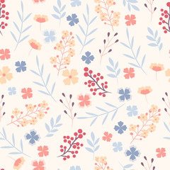Vector floral pattern in doodle style with flowers and leaves. Gentle colors, spring floral background. Can be used for wallpaper, pattern fills, surface textures, fabric prints