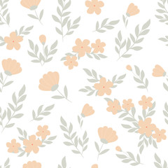 Vector floral pattern in doodle style with flowers and leaves. Gentle colors, spring floral background. Can be used for wallpaper, pattern fills, surface textures, fabric prints