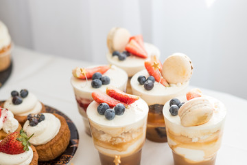 Cake with various berries and meringues on a stand.cakes, dessert with berries, candy bar for party. wedding or happy birthday.Delicious sweets on candy buffet. Lot of colorful desserts on table