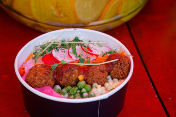Fried meat ball, delicious meat cutlets on table, street food