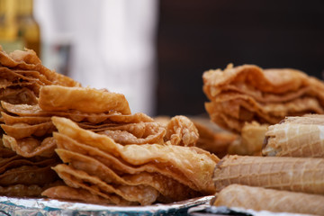 Cheburek with meat and suluguni cheese in a row.