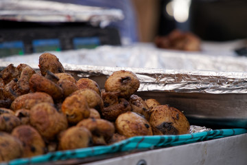 Fried meat ball, delicious meat cutlets on table, street food