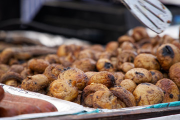 Fried meat ball, delicious meat cutlets on table, street food