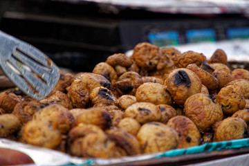 Fried meat ball, delicious meat cutlets on table, street food