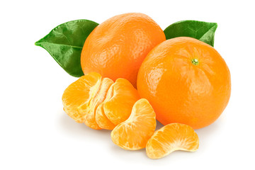 tangerine or mandarin fruit with leaves isolated on white background