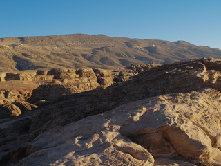 Petra; Raqmu - historic ruins of the ancient, rock city of the Nabatean Arabians. It is located in southwestern Jordan. It is also known as the rose-red city. UNESCO World Heritage list.