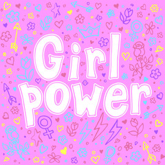 Girly feminist slogan with hand drawn lettering Girl power. Female motivation symbol in cartoon comic style. Print for poster, t-shirt, postcard or apparel design.