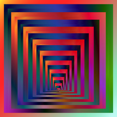 Optical background with striped rectangles. Color spectrum gradient. Deep immersion, space tunnel, psychedelic corridor. Hypnotic multicolored texture, op art abstraction.