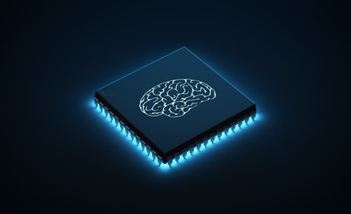 Microchip emanating blue neon light with brain illuminated on the surface.