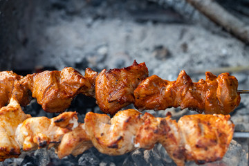 Grilling shashlik on barbecue grill