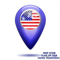 Bright map icon with flag of USA. Location Icon vector. Vector illustration